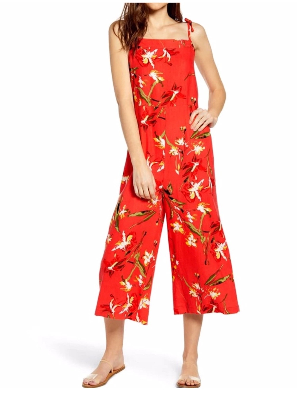 🔥Red Floral LINEN blend Wide-Leg Jumpsuit Sz M Mint Cond PriceFirm